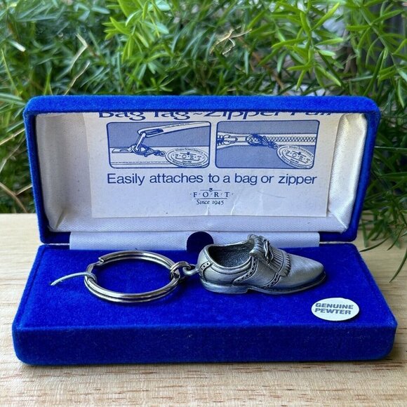 VTG‎ 1980s Fort Golf Shoe Charm 3" Key Ring Sports Solid Pewter Metal New w Case - Picture 1 of 6